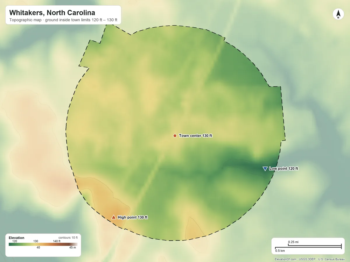 Topographic elevation map of Whitakers, North Carolina, shaded from 120 ft on the east side to 130 ft on the southwest side