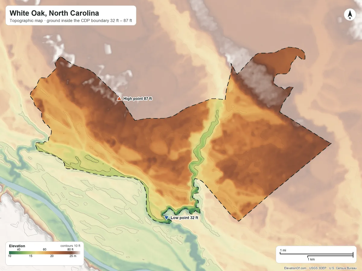 Topographic elevation map of White Oak, North Carolina, shaded from 32 ft on the southwest side to 87 ft on the northwest side
