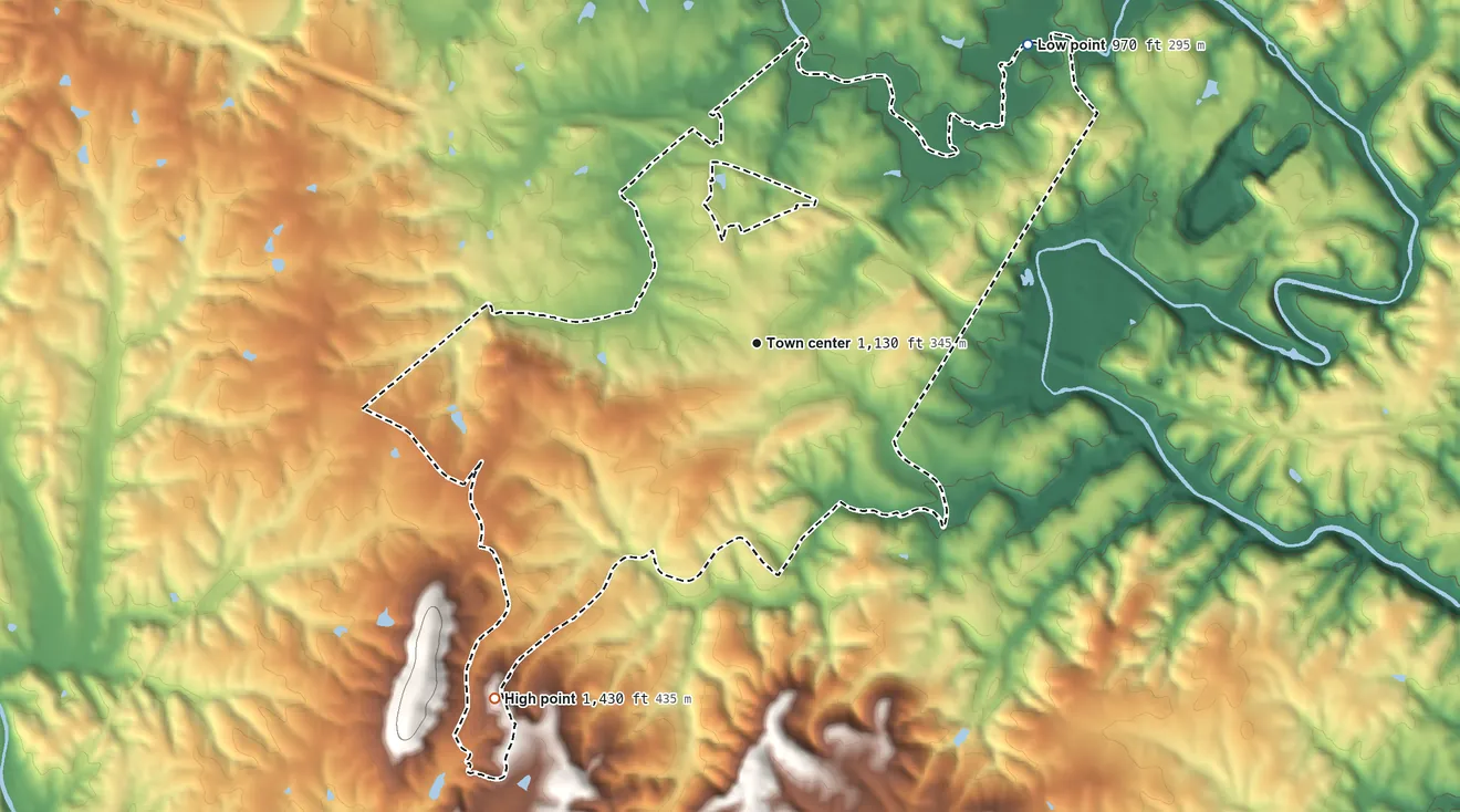 Topographic elevation map of White Plains, North Carolina, shaded from 970 ft on the northeast side to 1,430 ft on the southwest side