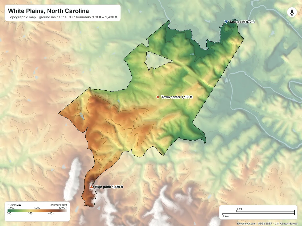Topographic elevation map of White Plains, North Carolina, shaded from 970 ft on the northeast side to 1,430 ft on the southwest side