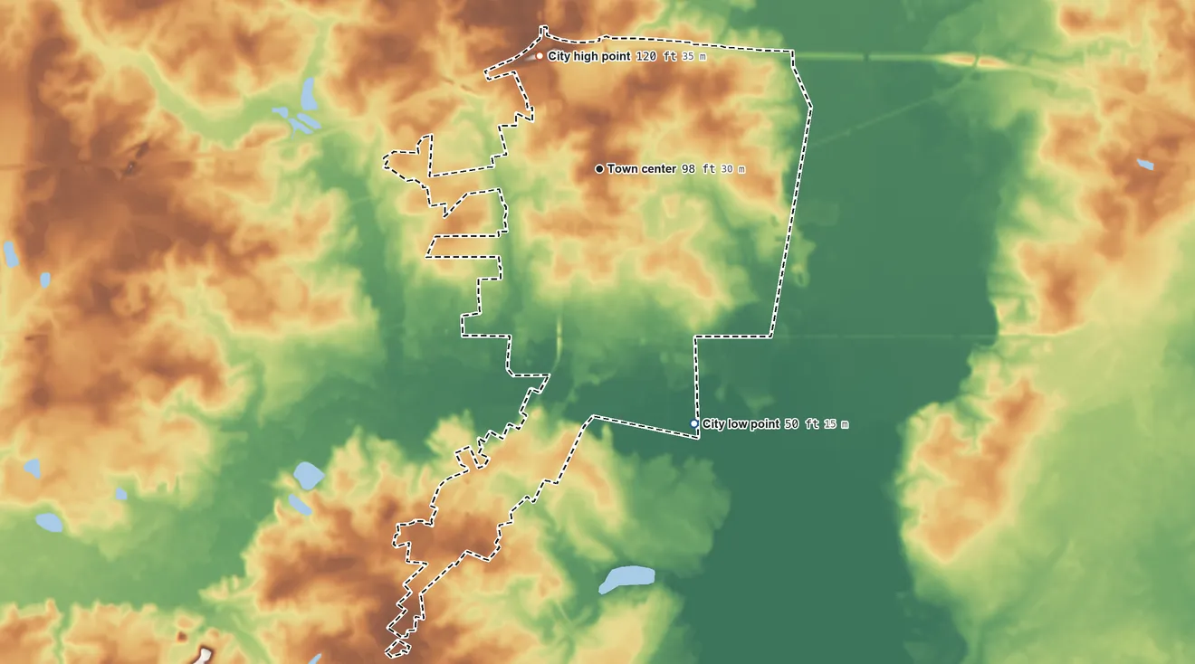 Topographic elevation map of Whiteville, North Carolina, shaded from 50 ft on the south side to 120 ft on the northwest side