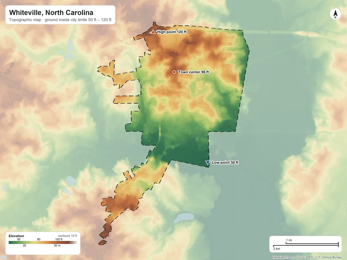Topographic elevation map of Whiteville, North Carolina, shaded from 50 ft on the south side to 120 ft on the northwest side