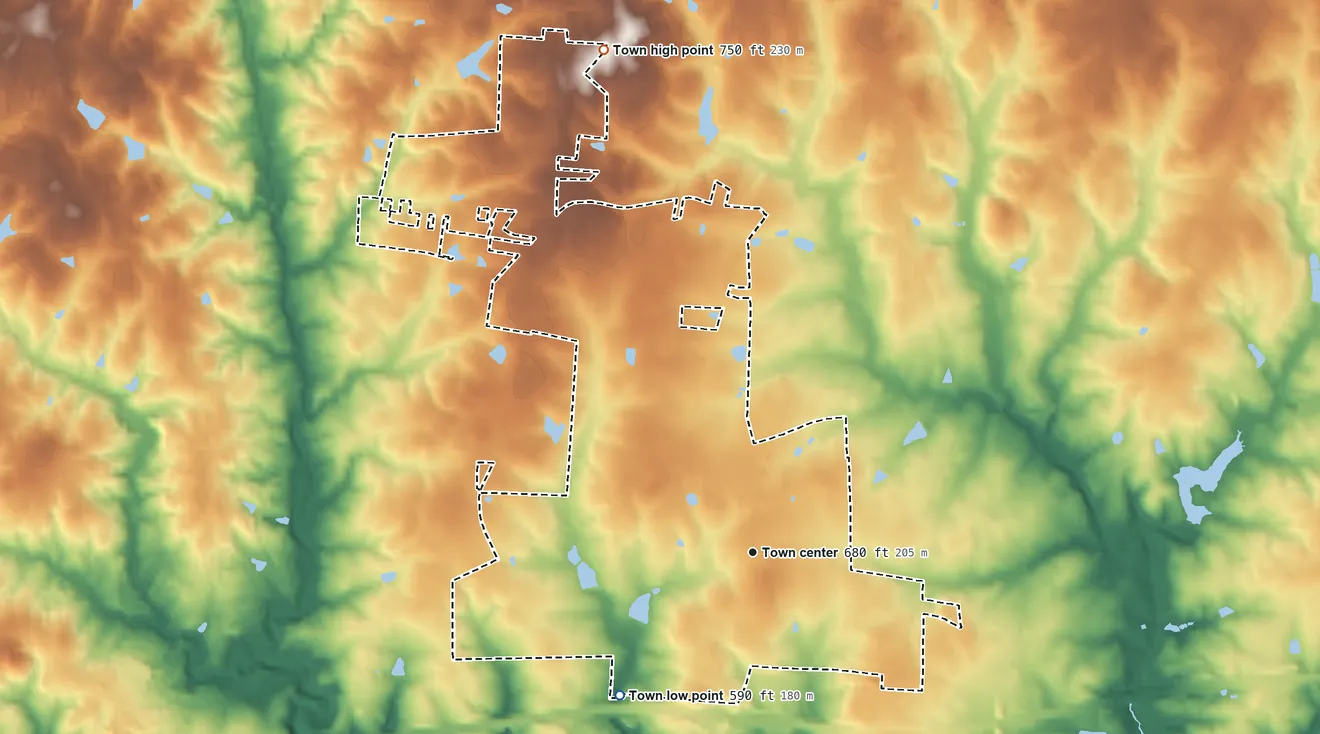 Topographic elevation map of Whitsett, North Carolina, shaded from 590 ft on the southwest side to 750 ft on the north side