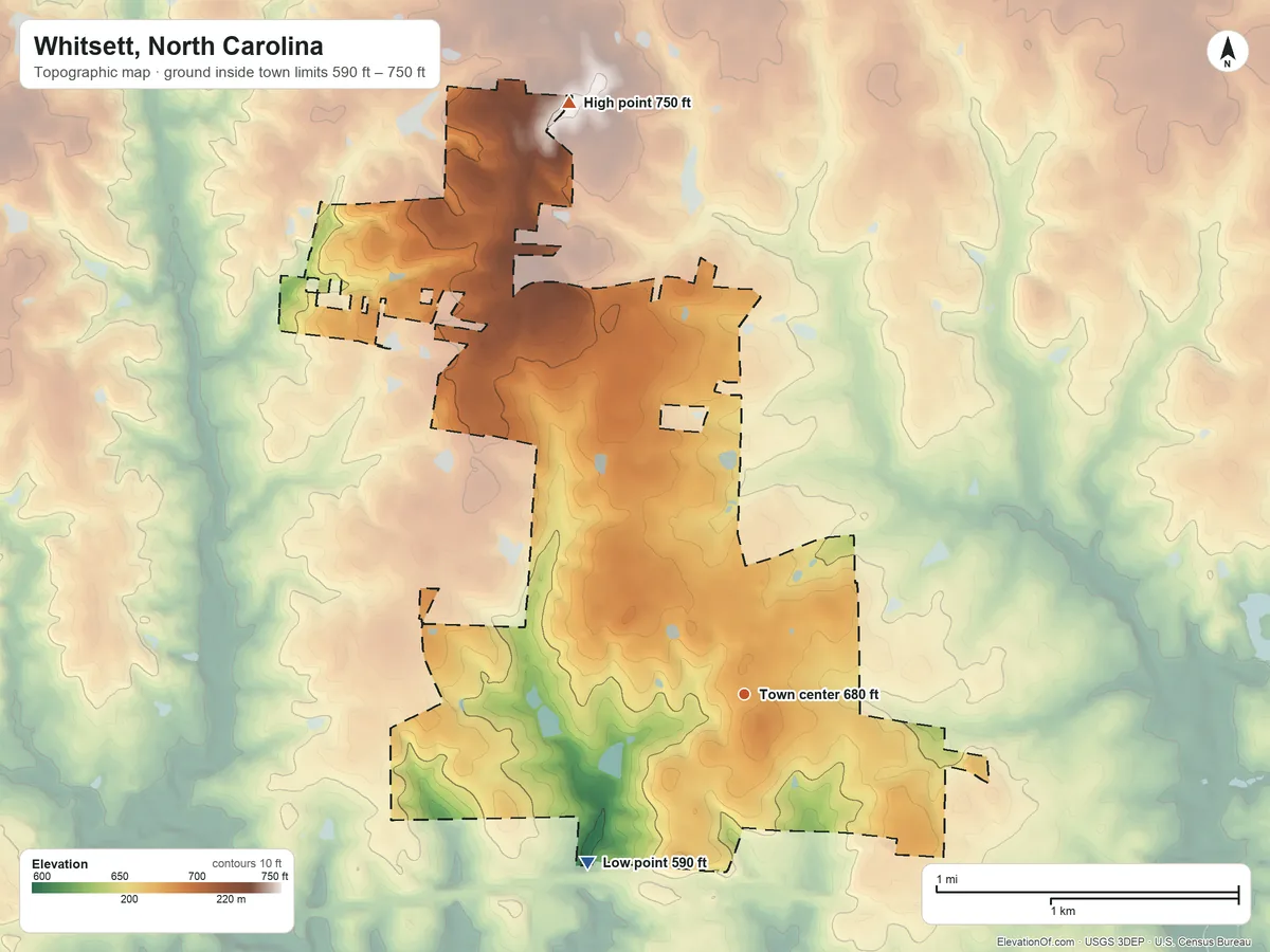 Topographic elevation map of Whitsett, North Carolina, shaded from 590 ft on the southwest side to 750 ft on the north side
