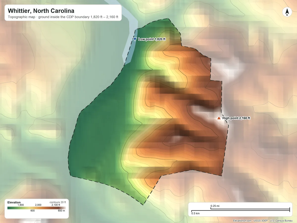 Topographic elevation map of Whittier, North Carolina, shaded from 1,820 ft on the north side to 2,160 ft on the east edge, below higher ground just outside