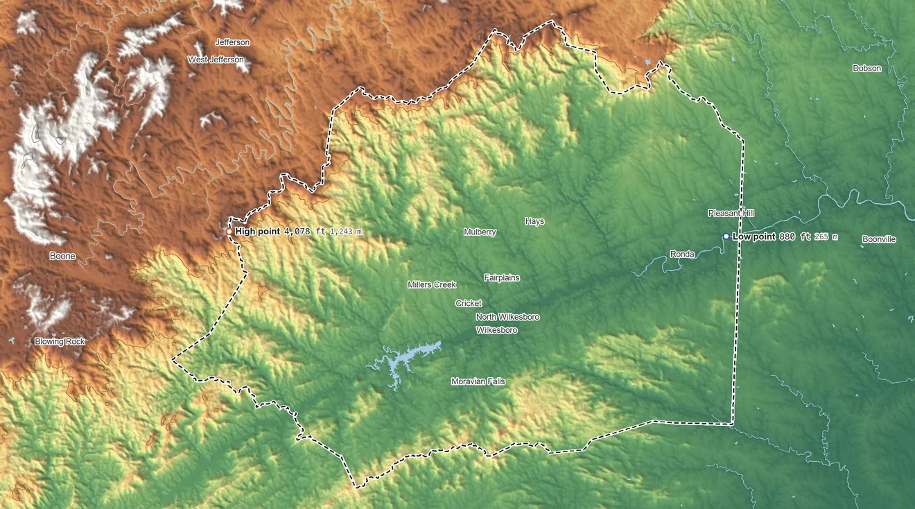 Topographic elevation map of Wilkes County, North Carolina, shaded from 880 ft on the east side to 4,078 ft on Tomkins Knob