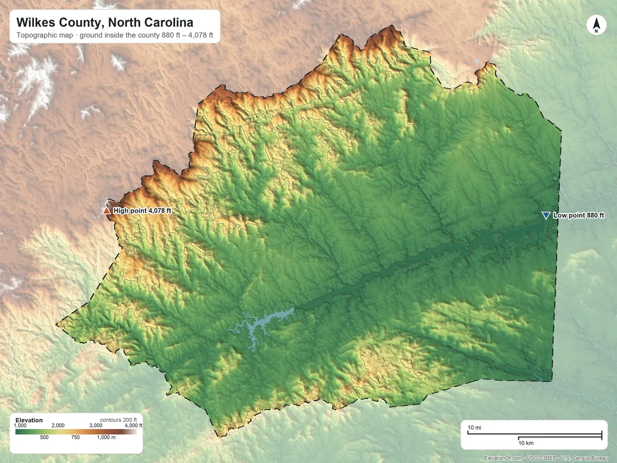 Topographic elevation map of Wilkes County, North Carolina, shaded from 880 ft on the east side to 4,078 ft on Tomkins Knob