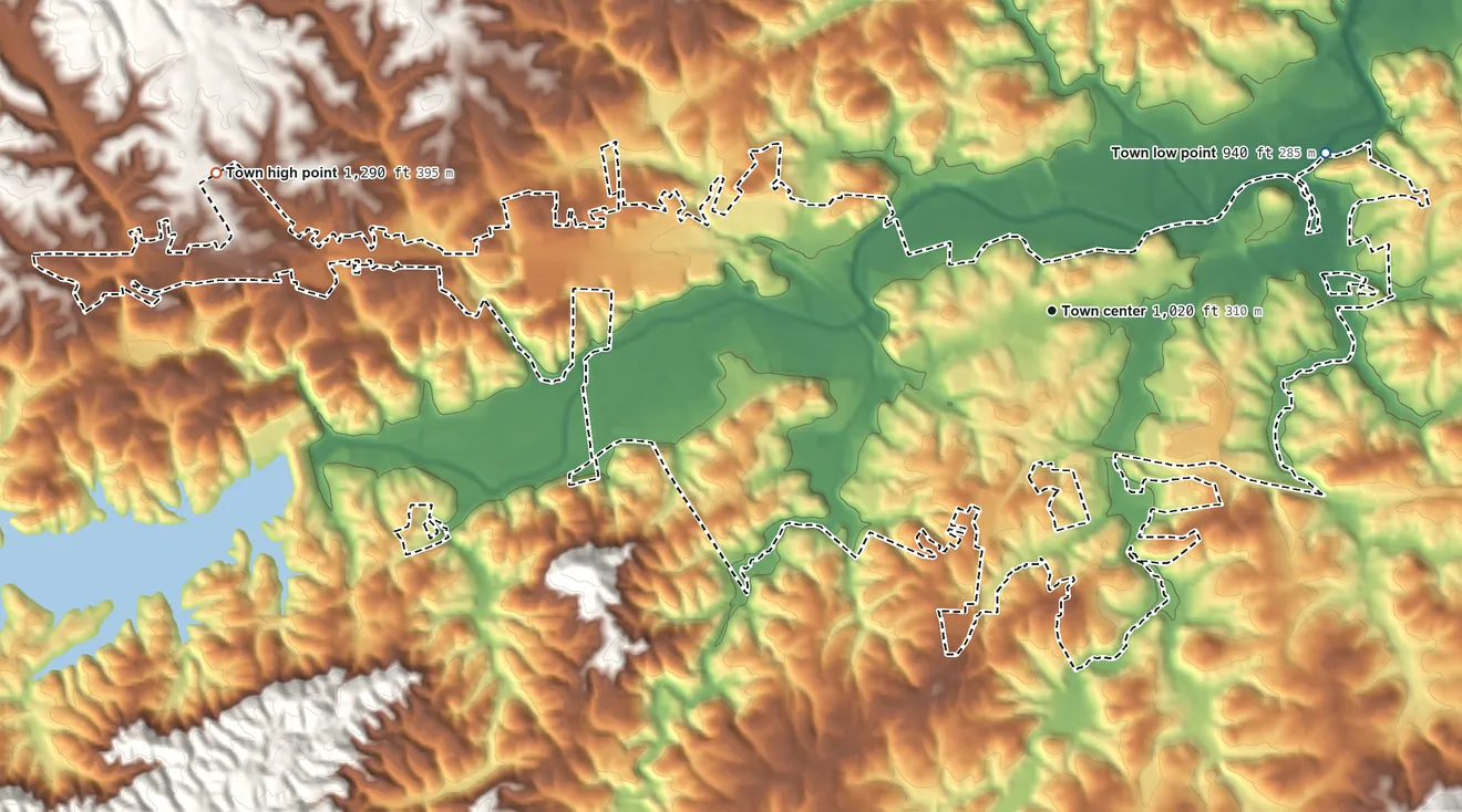 Topographic elevation map of Wilkesboro, North Carolina, shaded from 940 ft on the northeast side to 1,290 ft on the west side