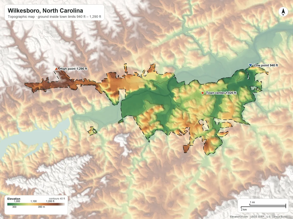 Topographic elevation map of Wilkesboro, North Carolina, shaded from 940 ft on the northeast side to 1,290 ft on the west side