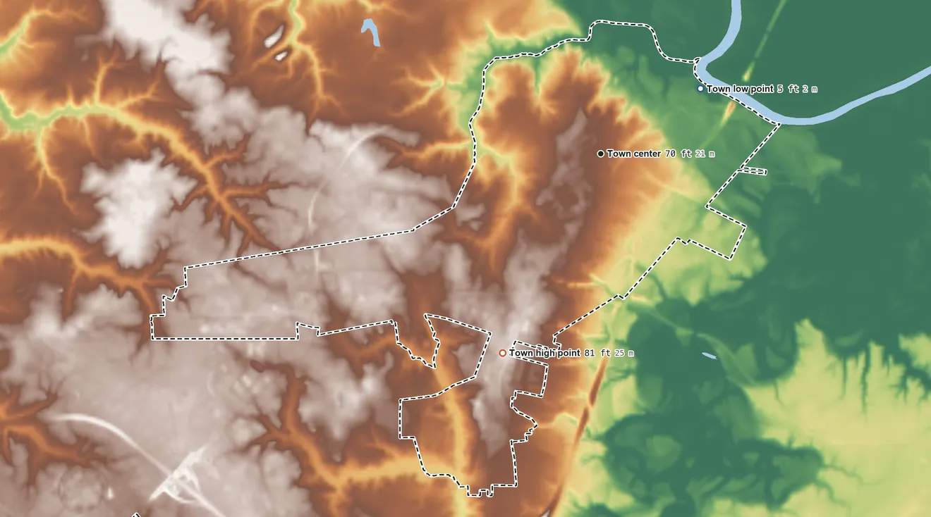 Topographic elevation map of Williamston, North Carolina, shaded from 5 ft on the northeast side to 81 ft on the southwest side