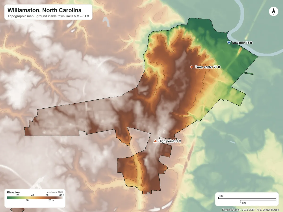 Topographic elevation map of Williamston, North Carolina, shaded from 5 ft on the northeast side to 81 ft on the southwest side