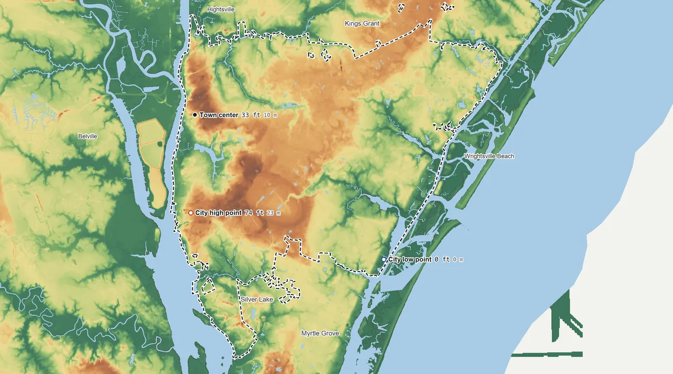 Topographic elevation map of Wilmington, North Carolina, shaded from sea level level on Masonboro Inlet to 74 ft on the south side