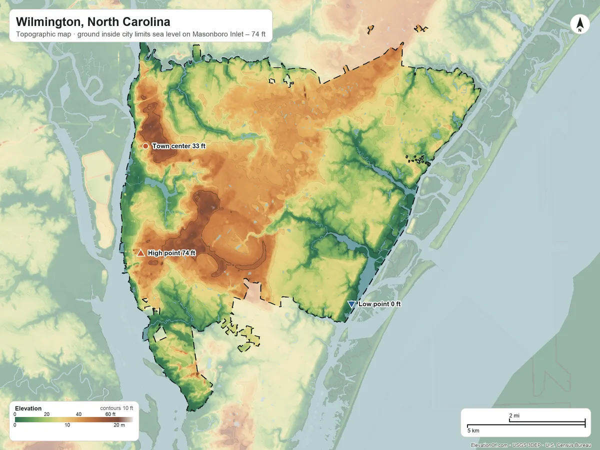 Topographic elevation map of Wilmington, North Carolina, shaded from sea level level on Masonboro Inlet to 74 ft on the south side