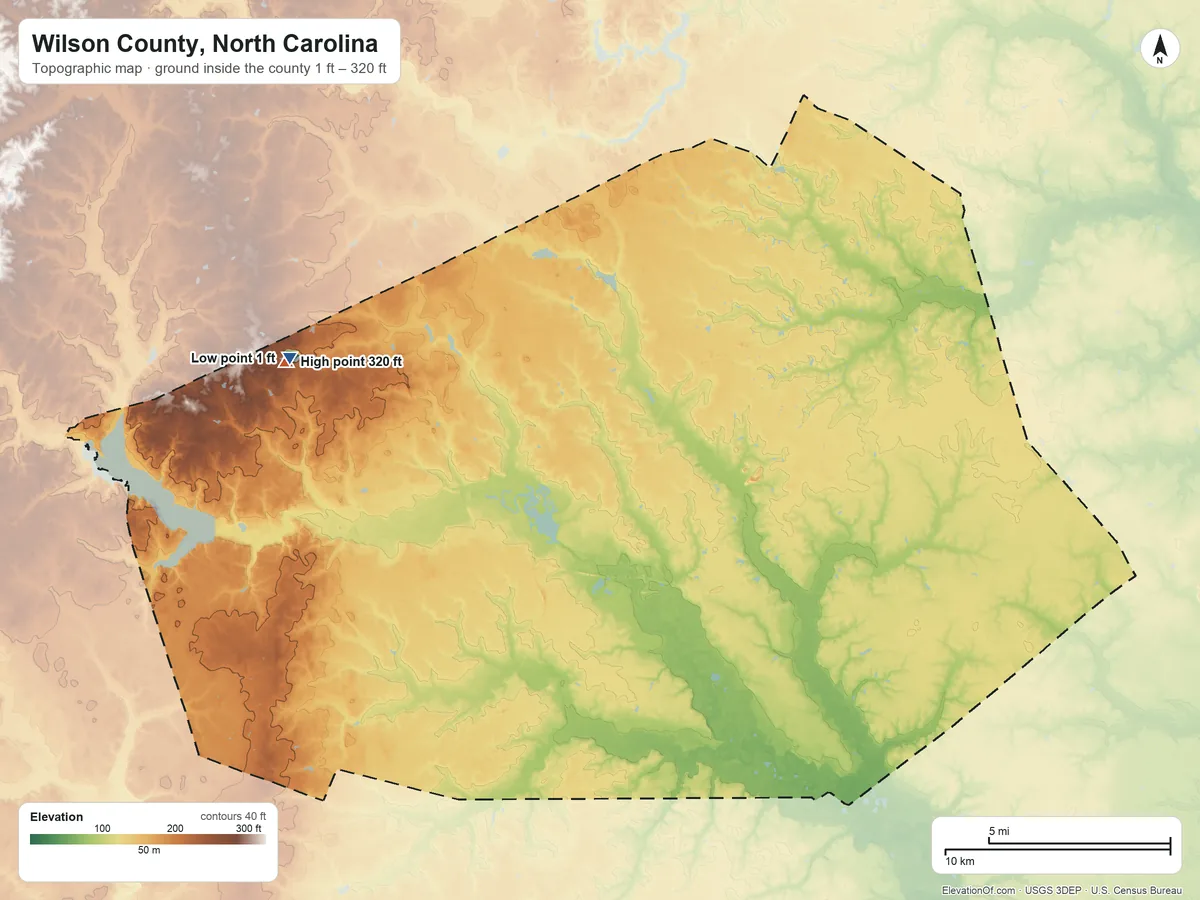 Topographic elevation map of Wilson County, North Carolina, shaded from 1 ft on the west side to 320 ft on the west side