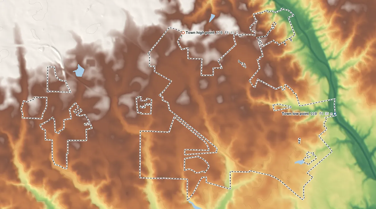 Topographic elevation map of Wilson's Mills, North Carolina, shaded from 110 ft on the east side to 270 ft on the northwest side