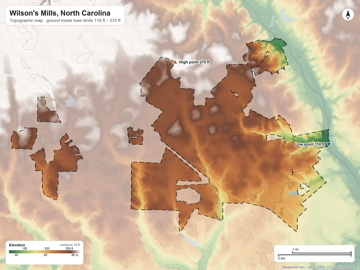 Topographic elevation map of Wilson's Mills, North Carolina, shaded from 110 ft on the east side to 270 ft on the northwest side