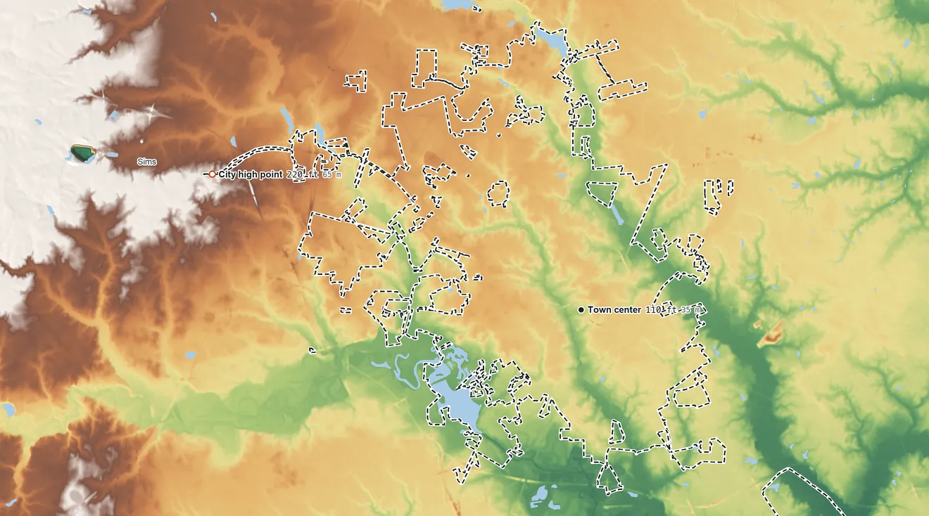 Topographic elevation map of Wilson, North Carolina, shaded from 69 ft on the southeast side to 220 ft on the west side