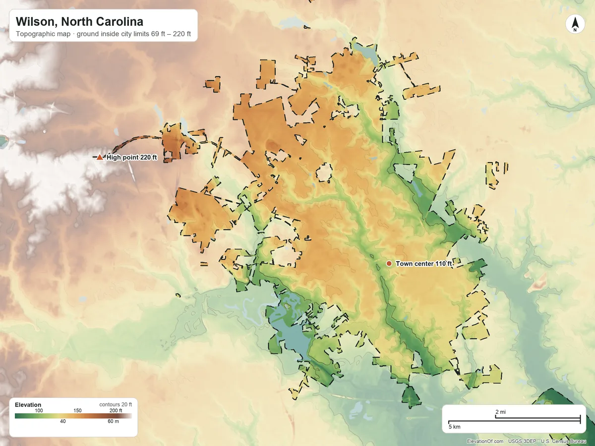 Topographic elevation map of Wilson, North Carolina, shaded from 69 ft on the southeast side to 220 ft on the west side