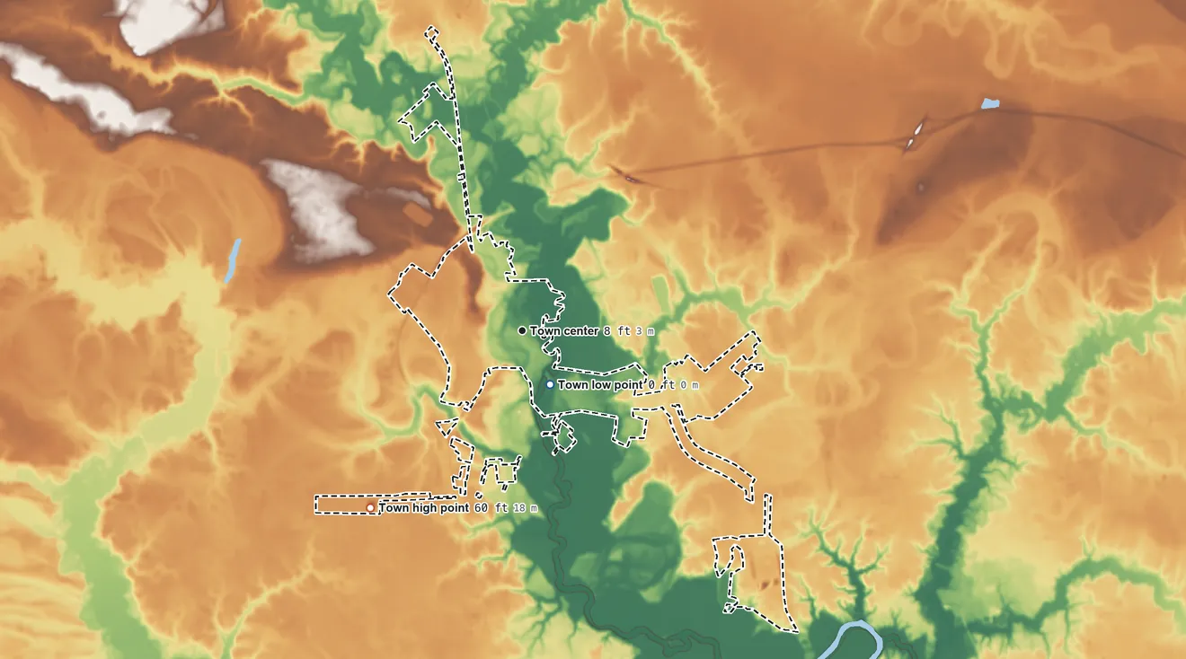 Topographic elevation map of Windsor, North Carolina, shaded from 0 ft near the middle to 60 ft on the southwest side