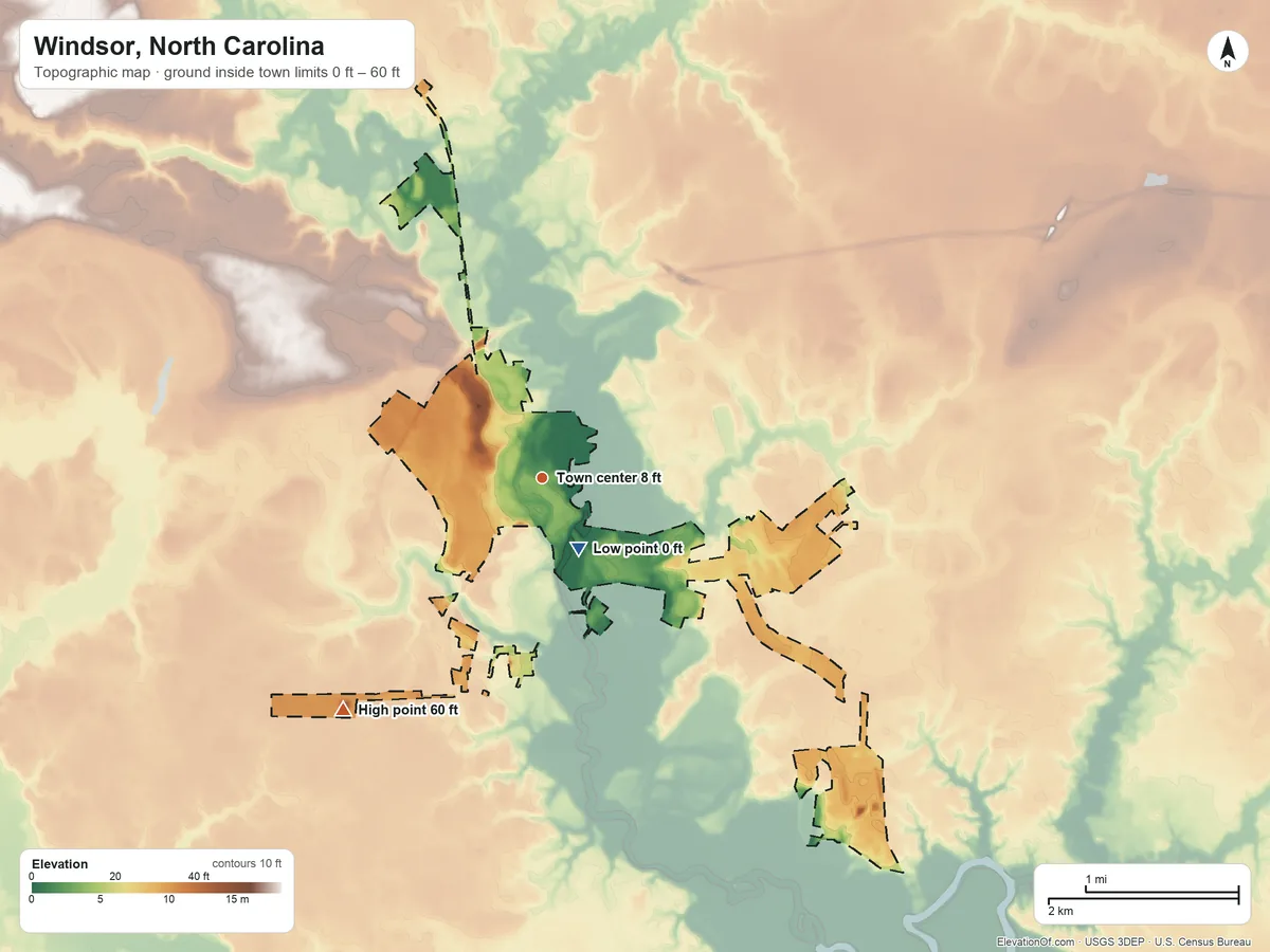 Topographic elevation map of Windsor, North Carolina, shaded from 0 ft near the middle to 60 ft on the southwest side