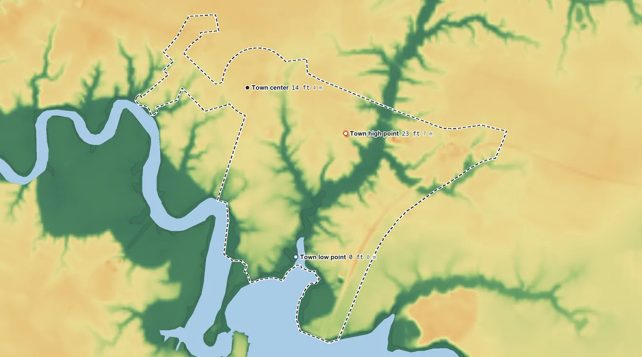 Topographic elevation map of Winfall, North Carolina, shaded from 0 ft on the south side to 23 ft on the southeast side