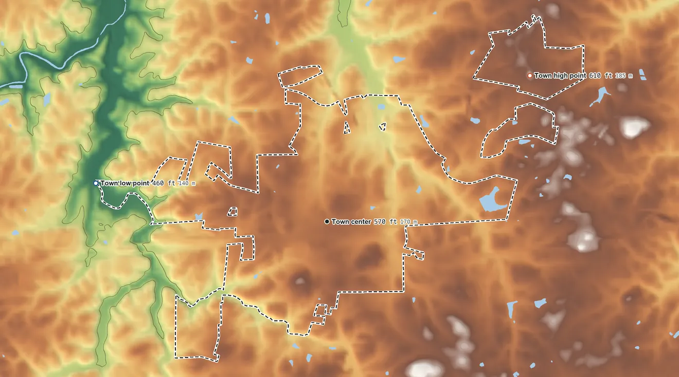 Topographic elevation map of Wingate, North Carolina, shaded from 460 ft on the west side to 610 ft on the northeast side