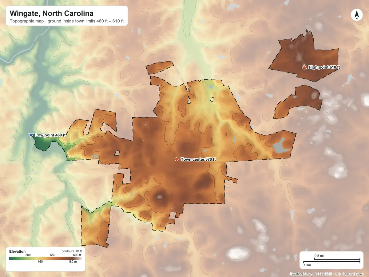 Topographic elevation map of Wingate, North Carolina, shaded from 460 ft on the west side to 610 ft on the northeast side