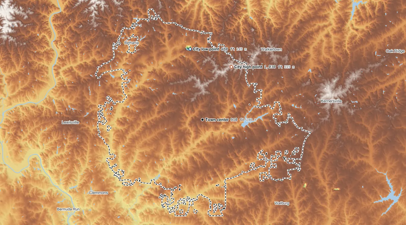 Topographic elevation map of Winston-Salem, North Carolina, shaded from 480 ft on the north side to 1,030 ft on the northeast side