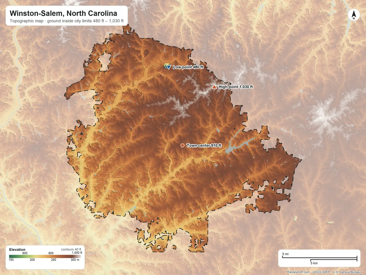 Topographic elevation map of Winston-Salem, North Carolina, shaded from 480 ft on the north side to 1,030 ft on the northeast side