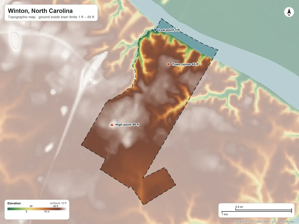 Topographic elevation map of Winton, North Carolina, shaded from 1 ft on the north side to 49 ft on the southwest side