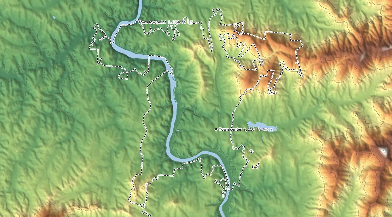 Topographic elevation map of Woodfin, North Carolina, shaded from 1,850 ft on the northwest side to 3,500 ft at the foot of the Elk Mountains