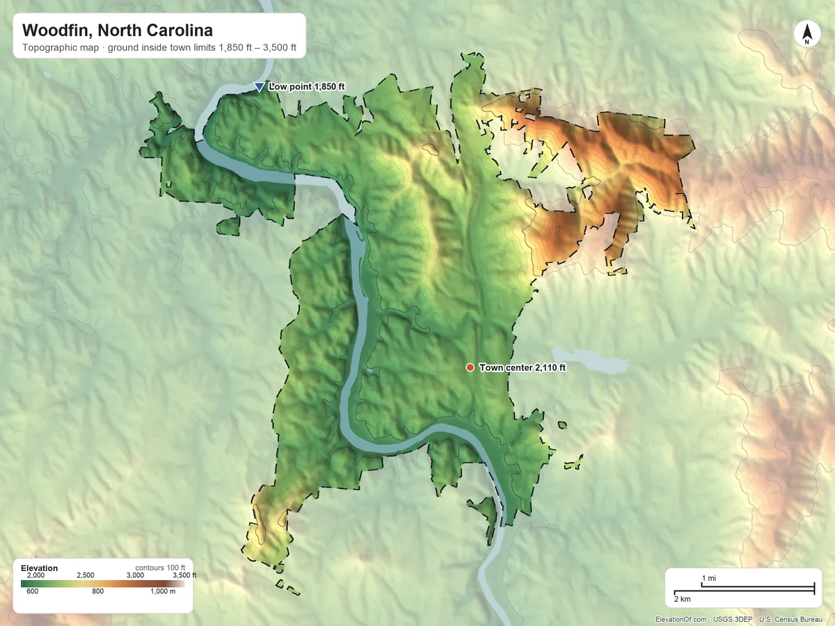 Topographic elevation map of Woodfin, North Carolina, shaded from 1,850 ft on the northwest side to 3,500 ft at the foot of the Elk Mountains