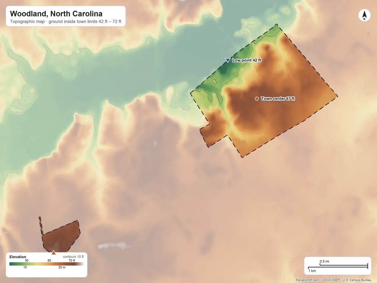 Topographic elevation map of Woodland, North Carolina, shaded from 42 ft on the northwest side to 72 ft on the southwest side
