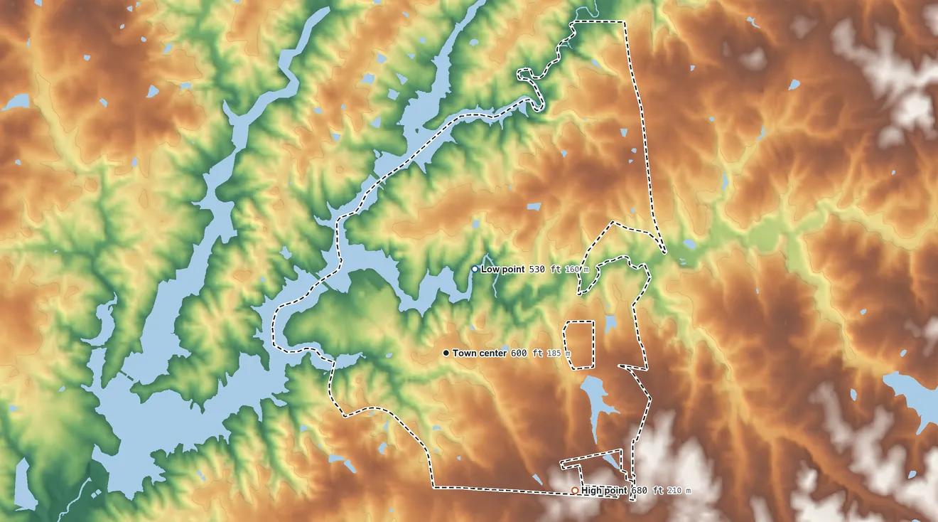 Topographic elevation map of Woodlawn, North Carolina, shaded from 530 ft on the north side to 680 ft on the southeast side