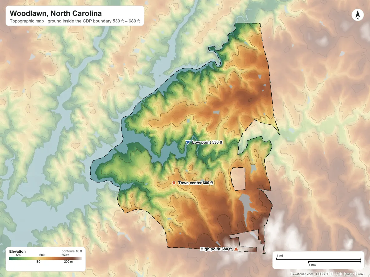 Topographic elevation map of Woodlawn, North Carolina, shaded from 530 ft on the north side to 680 ft on the southeast side