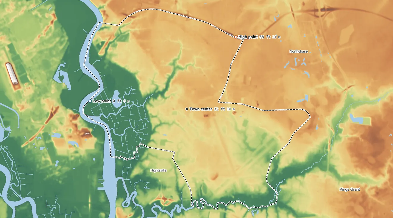 Topographic elevation map of Wrightsboro, North Carolina, shaded from 0 ft on the west side to 68 ft on the northeast side