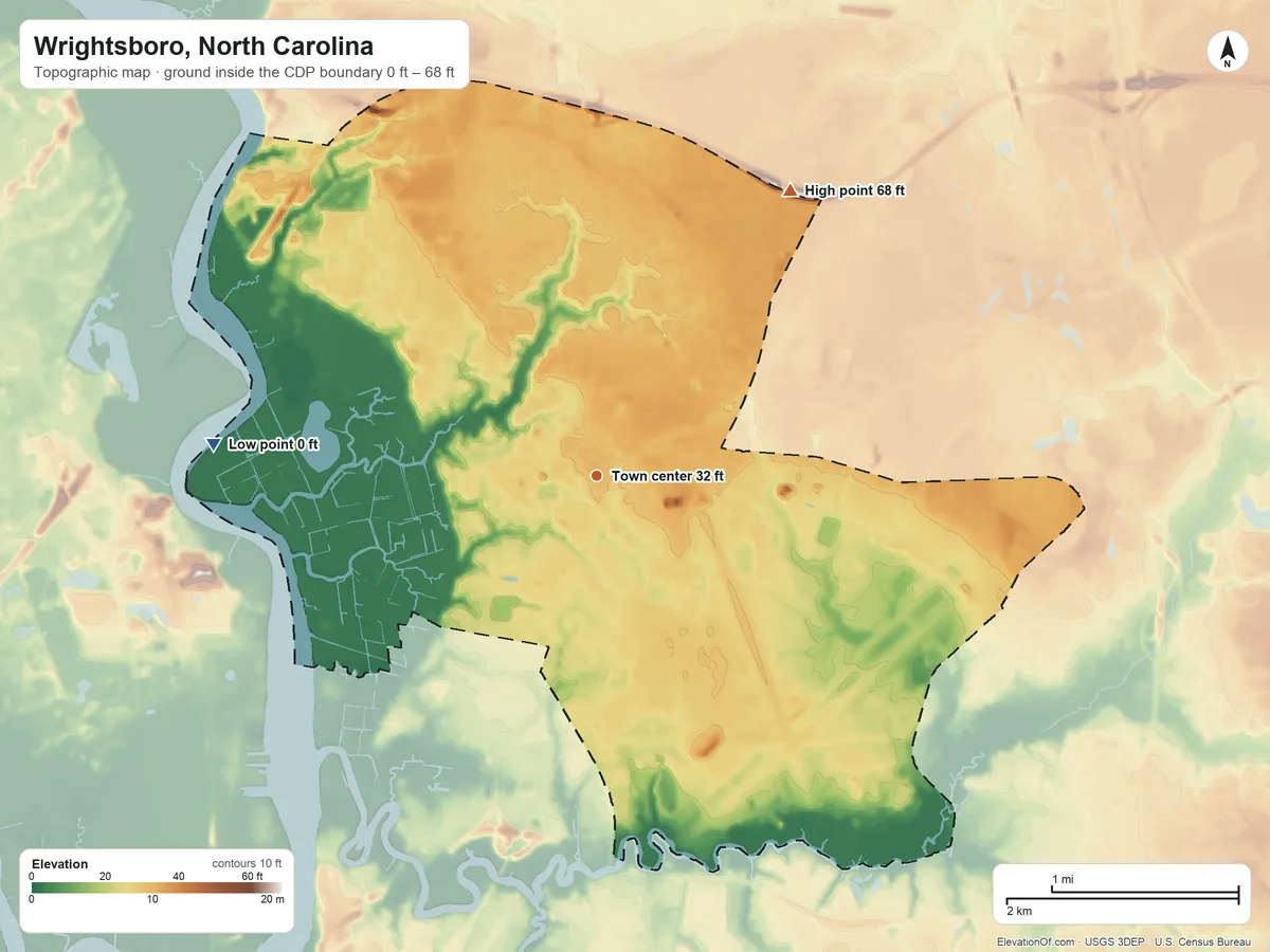 Topographic elevation map of Wrightsboro, North Carolina, shaded from 0 ft on the west side to 68 ft on the northeast side