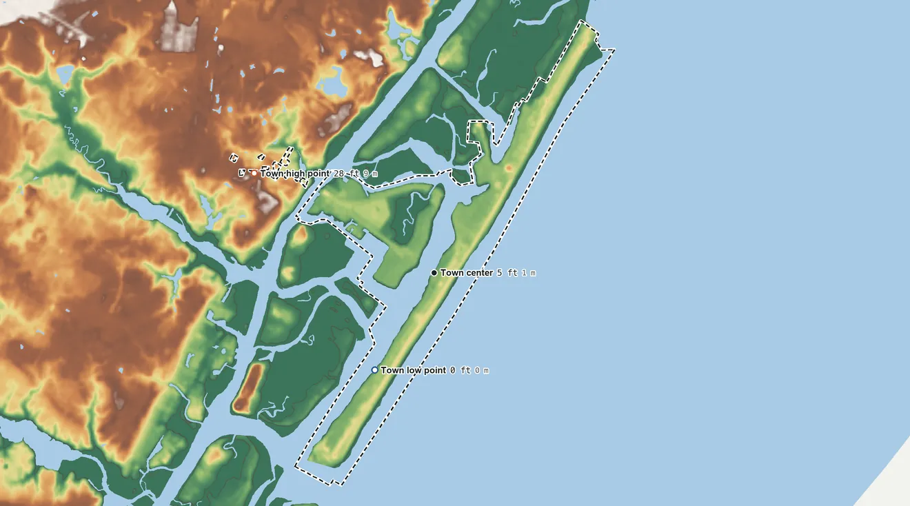 Topographic elevation map of Wrightsville Beach, North Carolina, shaded from sea level level on the Atlantic Ocean to 28 ft on the northwest side
