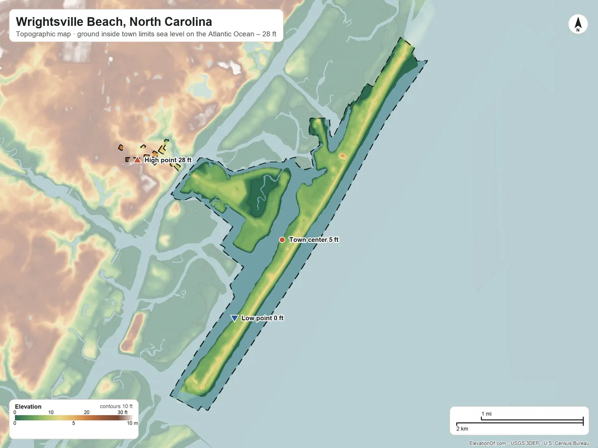 Topographic elevation map of Wrightsville Beach, North Carolina, shaded from sea level level on the Atlantic Ocean to 28 ft on the northwest side