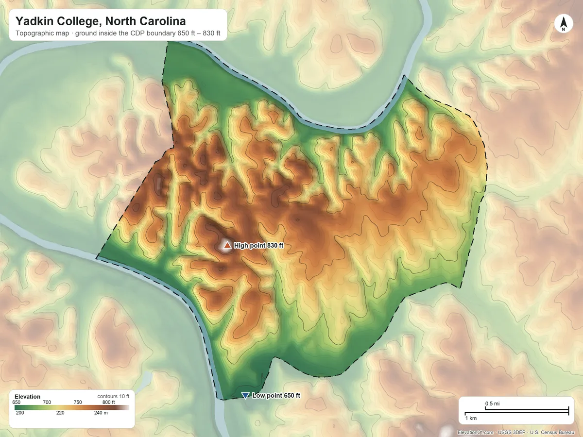 Topographic elevation map of Yadkin College, North Carolina, shaded from 650 ft on the southwest side to 830 ft on the west side