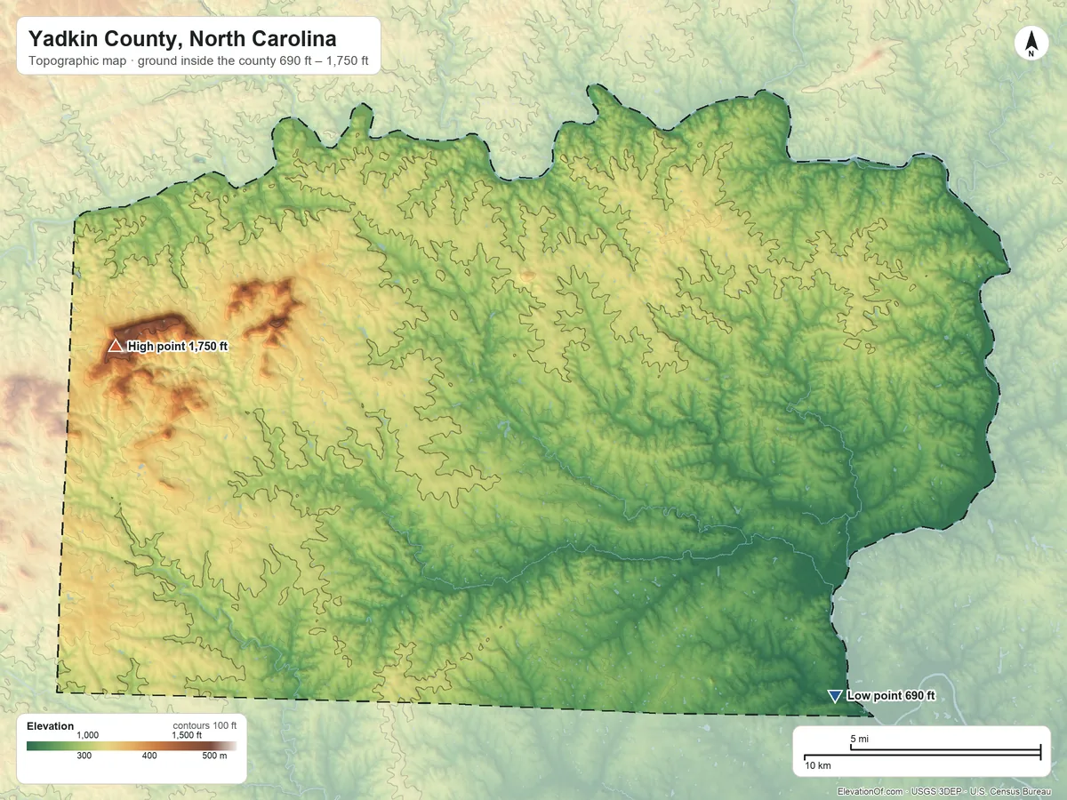 Topographic elevation map of Yadkin County, North Carolina, shaded from 690 ft on the southeast side to 1,750 ft on the west side