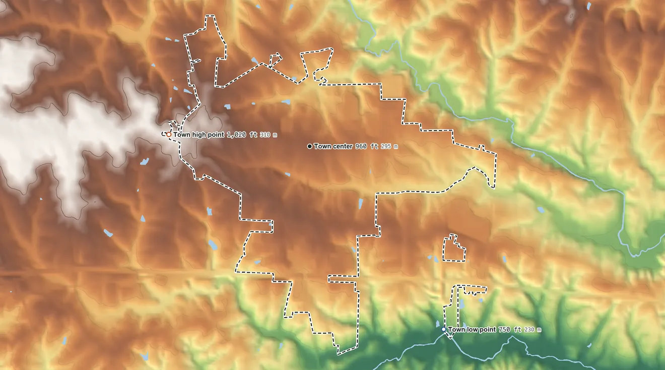 Topographic elevation map of Yadkinville, North Carolina, shaded from 750 ft on the southeast side to 1,020 ft on the west side