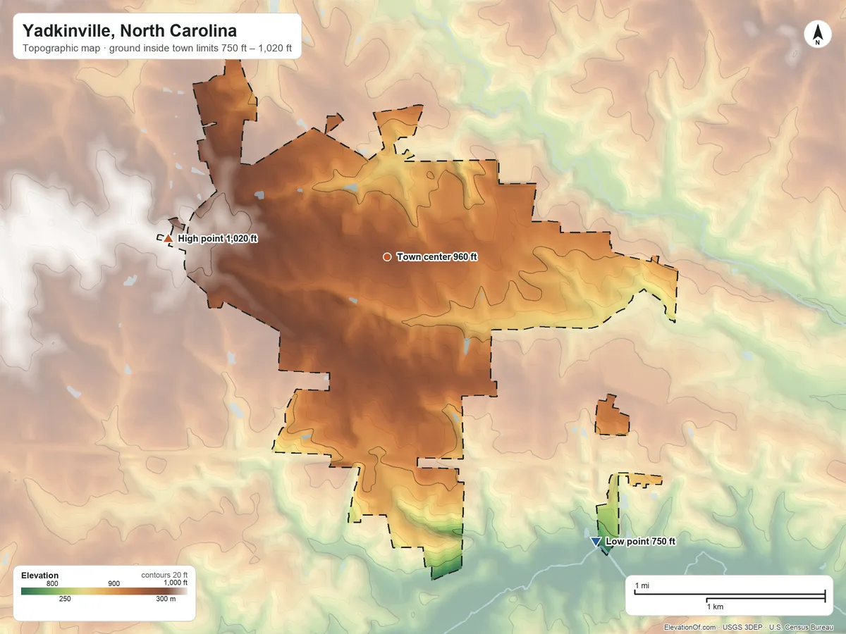 Topographic elevation map of Yadkinville, North Carolina, shaded from 750 ft on the southeast side to 1,020 ft on the west side