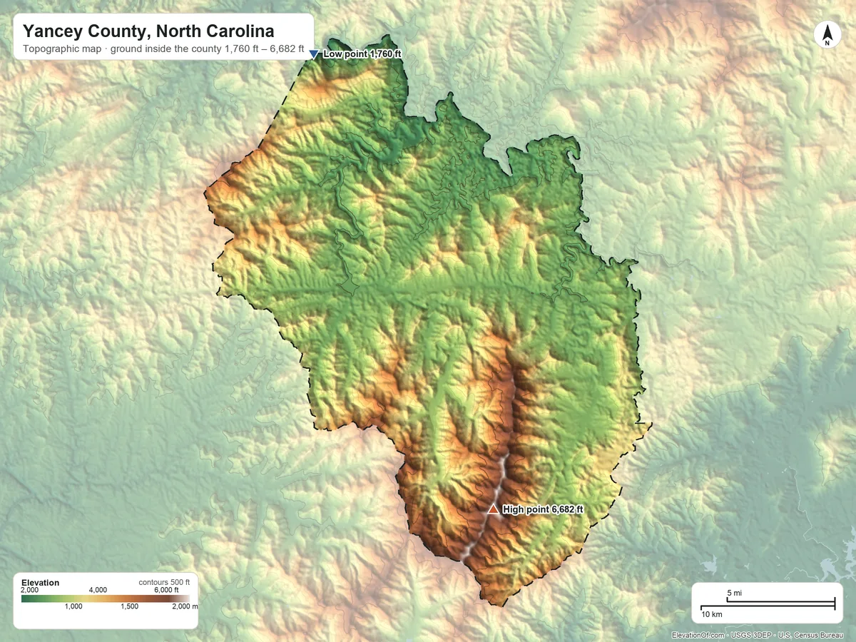 Topographic elevation map of Yancey County, North Carolina, shaded from 1,760 ft on the northwest side to 6,682 ft on Mount Mitchell