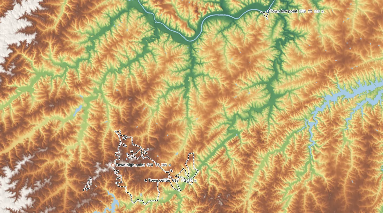 Topographic elevation map of Yanceyville, North Carolina, shaded from 350 ft on the northeast side to 670 ft on the northwest side