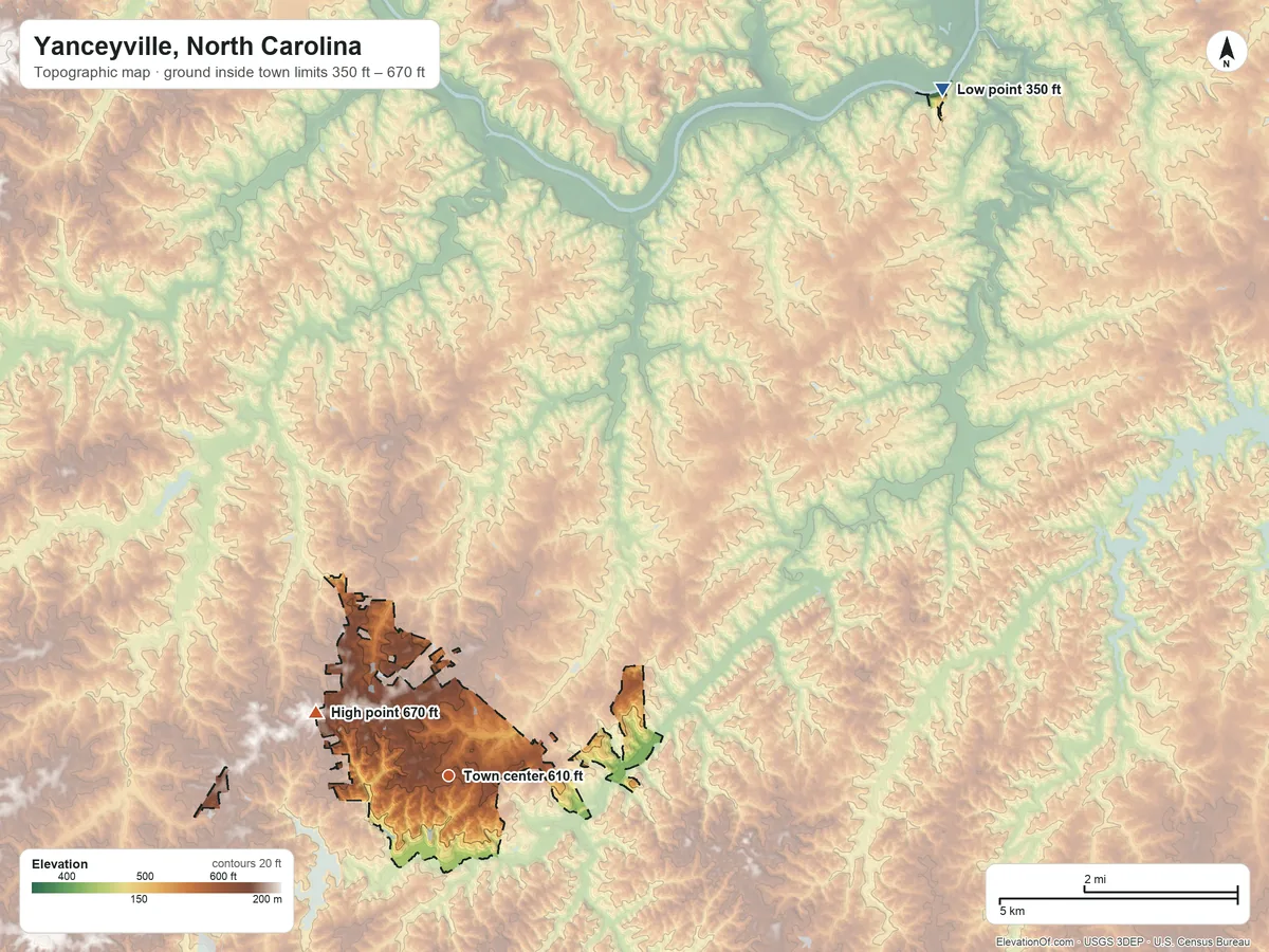 Topographic elevation map of Yanceyville, North Carolina, shaded from 350 ft on the northeast side to 670 ft on the northwest side
