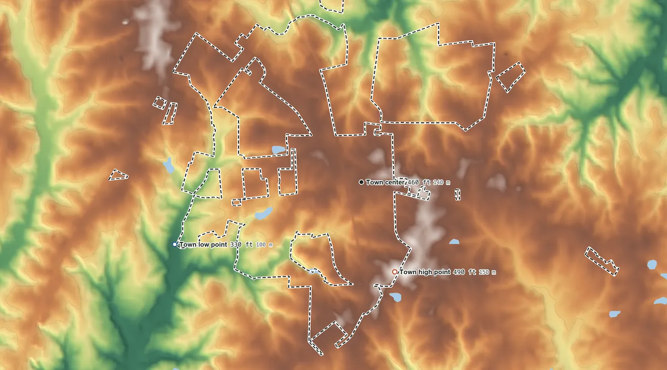 Topographic elevation map of Youngsville, North Carolina, shaded from 330 ft on the west side to 490 ft on the south side