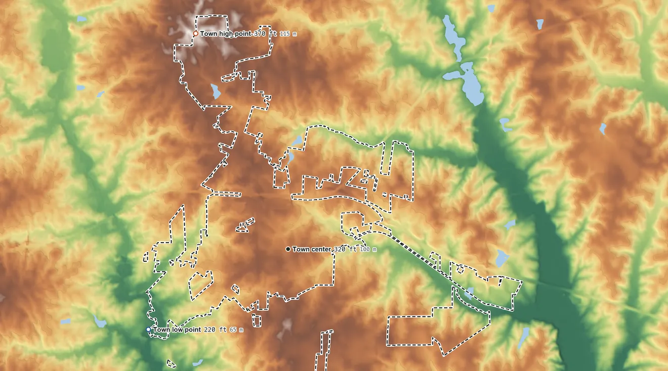 Topographic elevation map of Zebulon, North Carolina, shaded from 220 ft on the southwest side to 370 ft on the northwest side