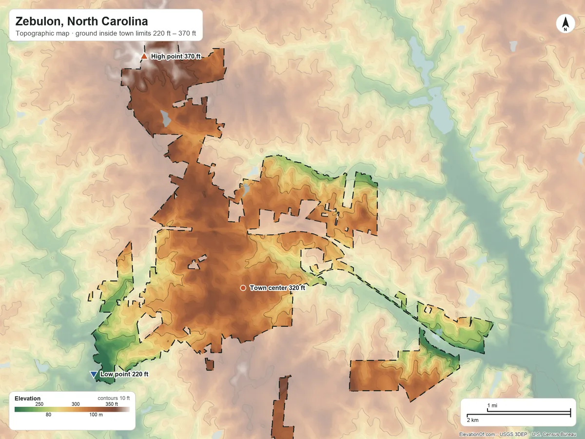 Topographic elevation map of Zebulon, North Carolina, shaded from 220 ft on the southwest side to 370 ft on the northwest side