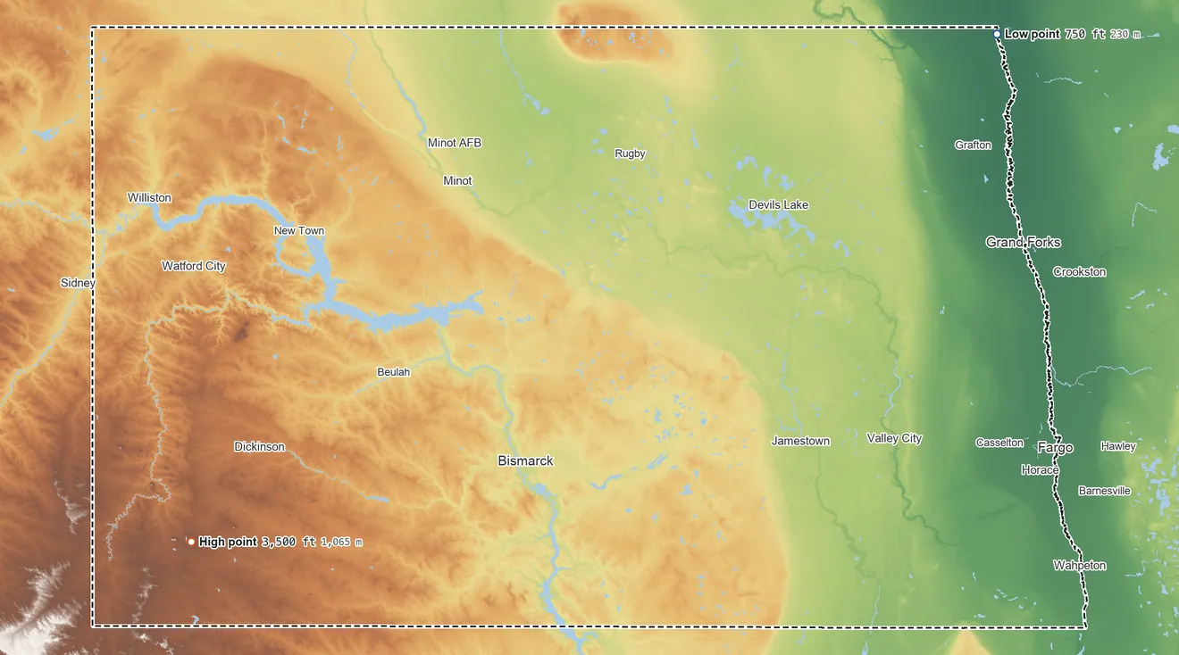 Topographic elevation map of North Dakota, shaded from 750 ft on the northeast side to 3,500 ft on White Butte